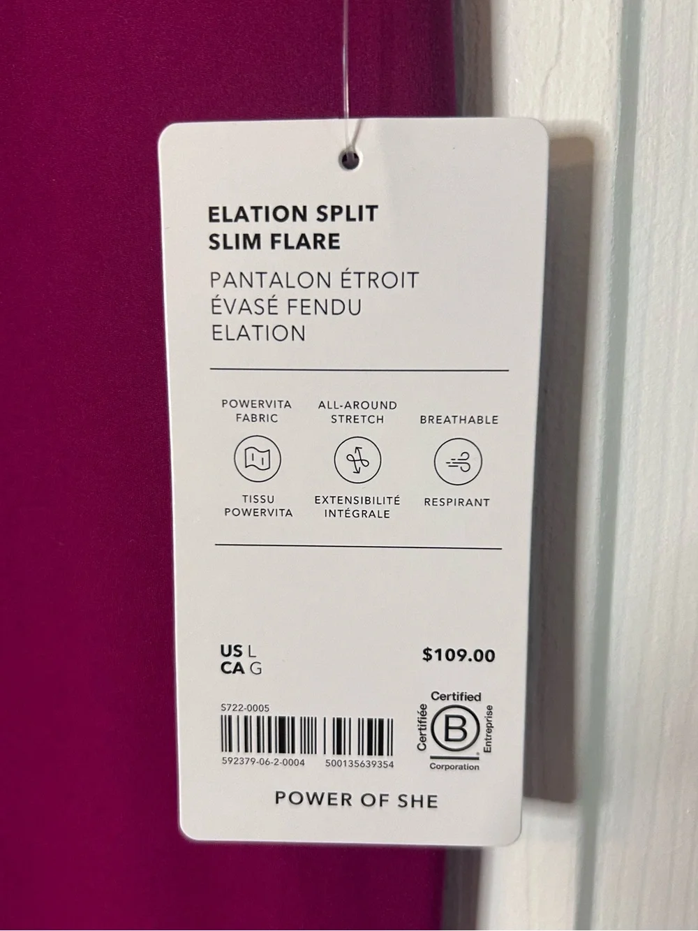 NWT ATHLETA Elation Ultra High Rise Split Slim Flare Pant- Wildberry/ Size Large
